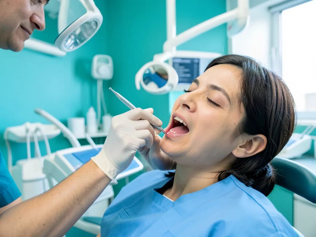 Dentist examining a patient with bleeding gums in a Dubai clinic
