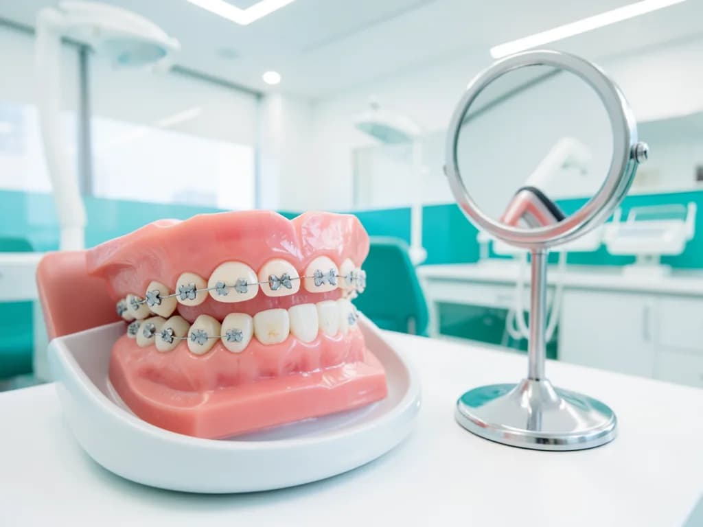 Close-up of ceramic braces on teeth showing tooth-colored brackets