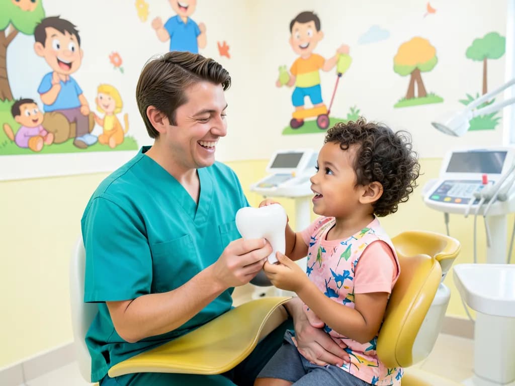 Pediatric dentist caring for a child patient in a kid-friendly Dubai clinic