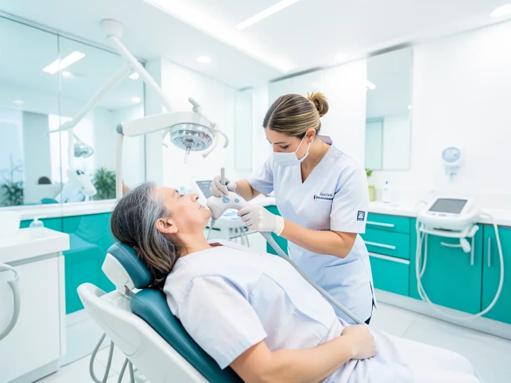 Dental hygienist performing professional teeth cleaning in a Dubai clinic