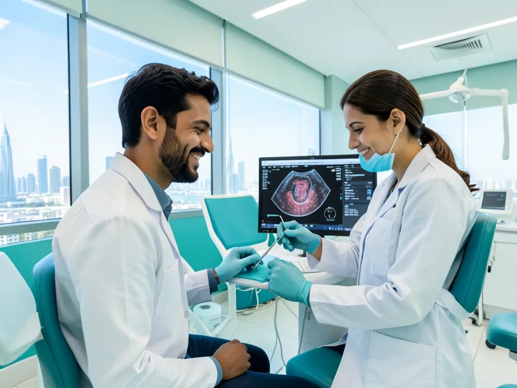 Indian patient receiving dental treatment at a Dubai clinic with Hindi-speaking dentist