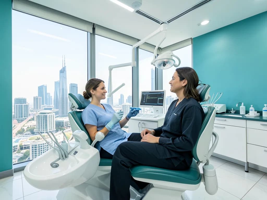 Kuwaiti patient consulting with a dentist at a premium Dubai dental clinic