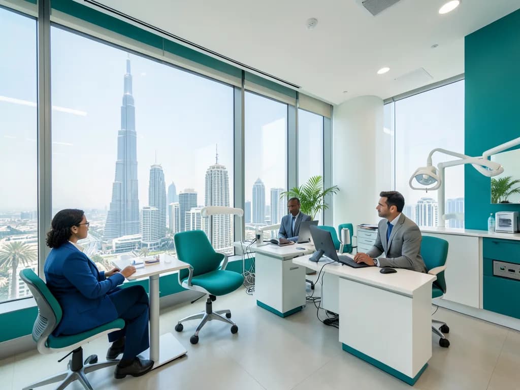 International patient receiving dental treatment in a modern Dubai clinic with city skyline