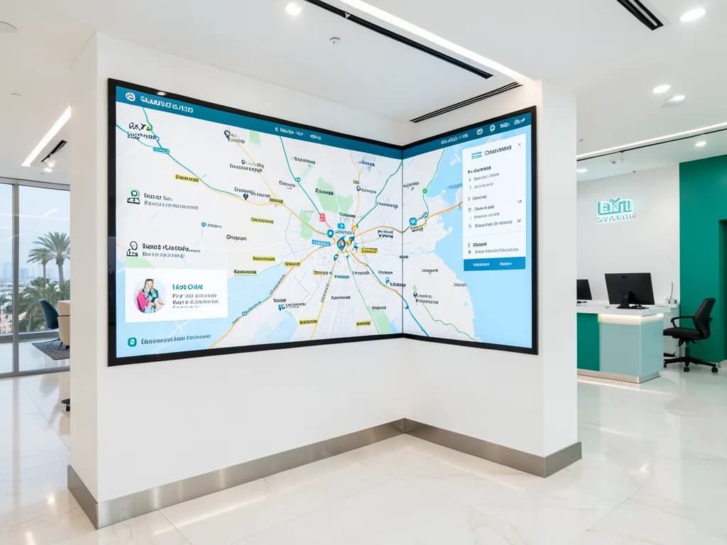 Map of Dubai showing dental clinic locations across different areas and neighborhoods