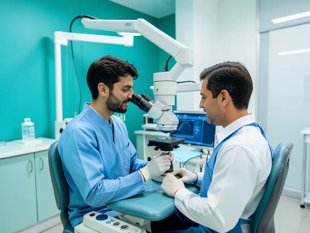 Endodontist performing root canal treatment with dental microscope in Dubai