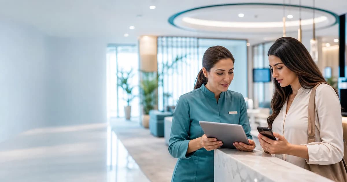 Patient confirming Dubai dental insurance coverage at a Dubai dental clinic