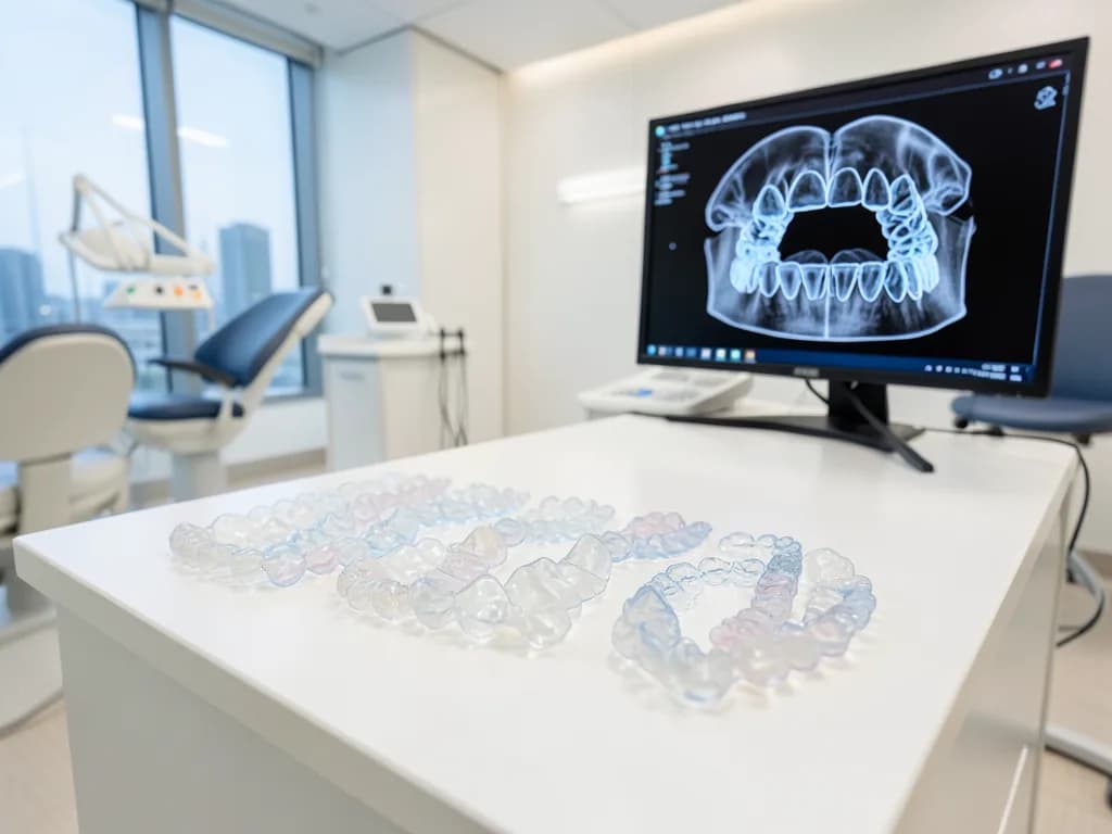 Patient holding Invisalign clear aligners during an orthodontic consultation in a Dubai dental clinic