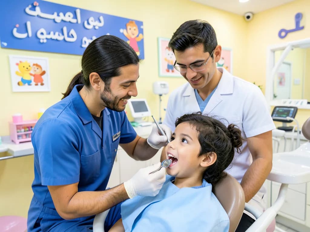 طبيب أسنان أطفال في دبي يعالج طفل في عيادة أسنان متخصصة