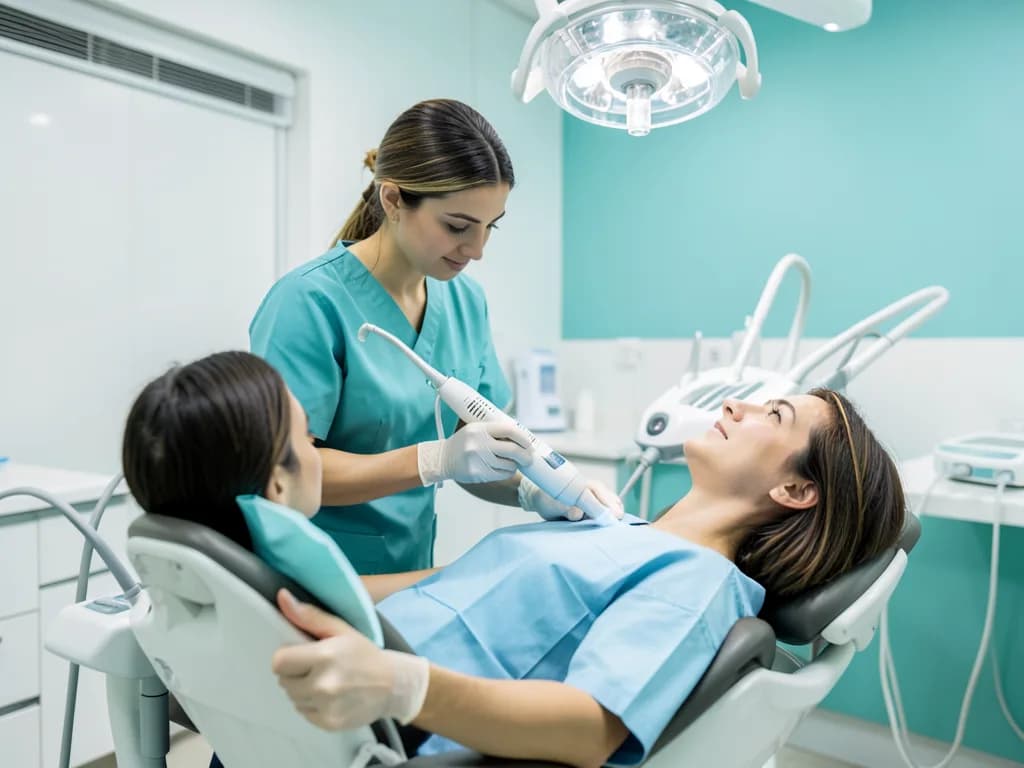 Dental hygienist performing professional teeth cleaning and scaling on a patient in Dubai