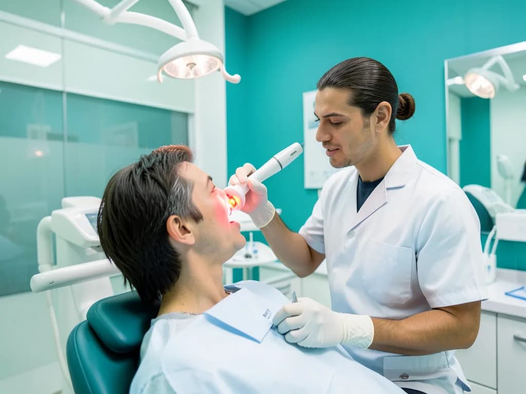 Dentist performing an oral cancer screening examination in a Dubai clinic